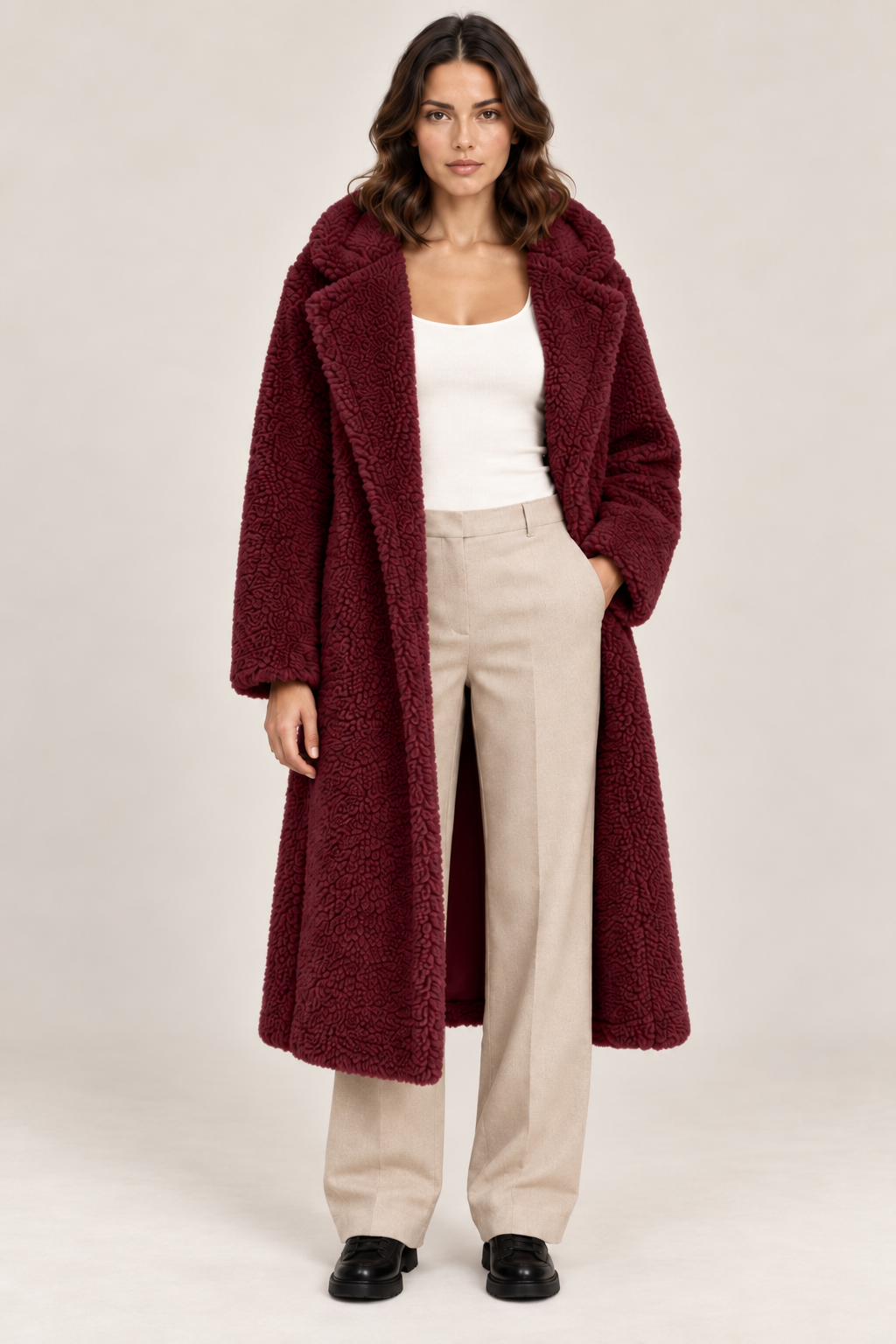 Women's Long Hooded Teddy Coat with Lapel Collar in Burgundy