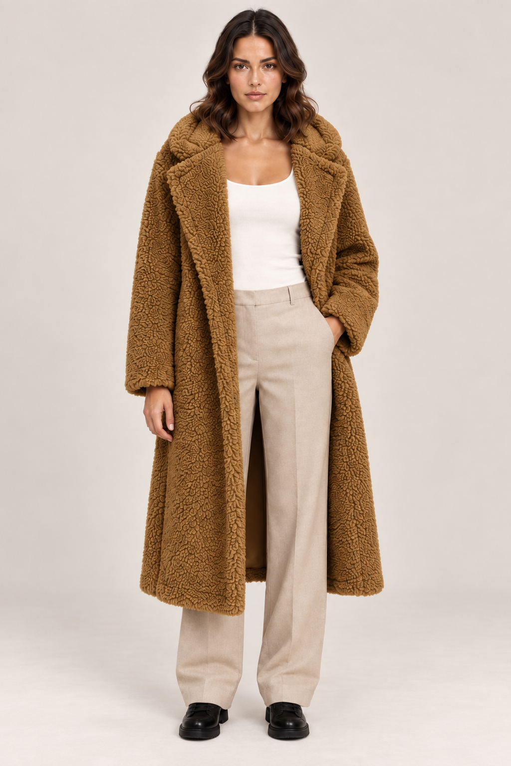 Women's Long Hooded Teddy Coat with Lapel Collar in Light Brown
