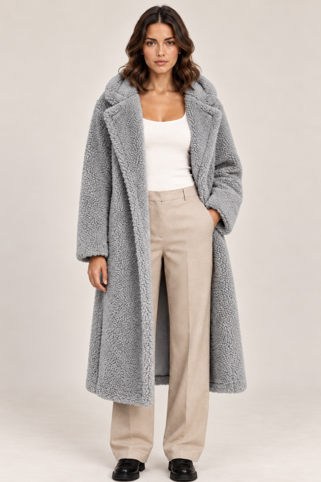 Women's Long Hooded Teddy Coat with Lapel Collar in Grey