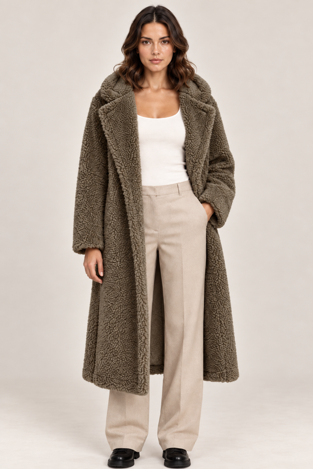 Women's Long Hooded Teddy Coat with Lapel Collar in Khaki
