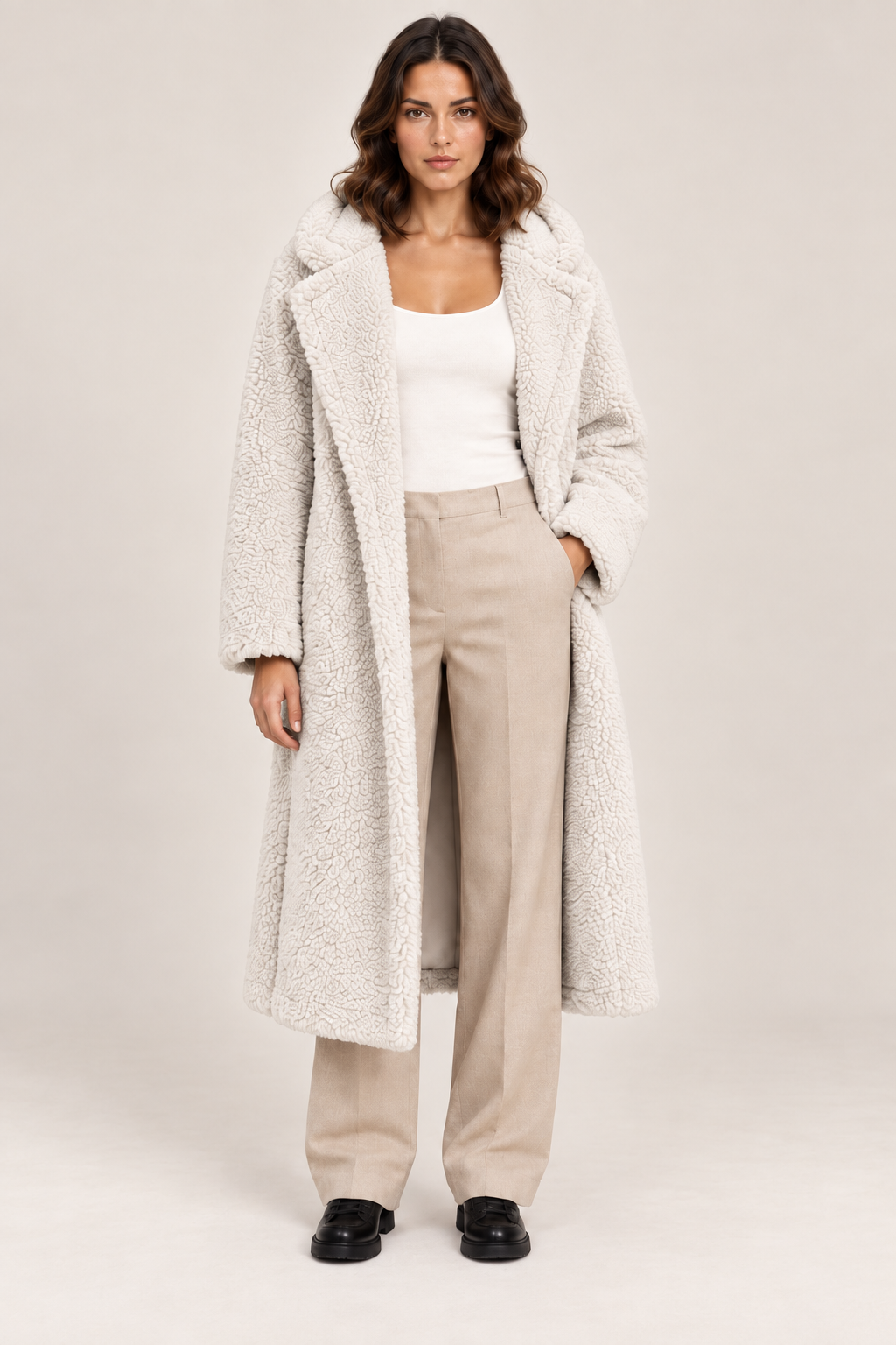 Women's Long Hooded Teddy Coat with Lapel Collar in White