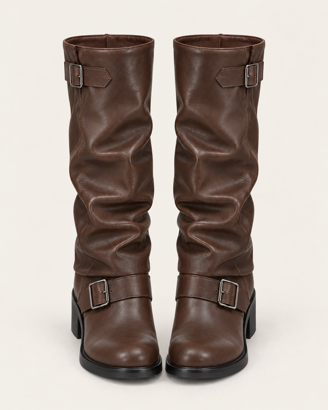 Women's Slouch Biker Boots with Buckle Straps and Block Heel in Brown