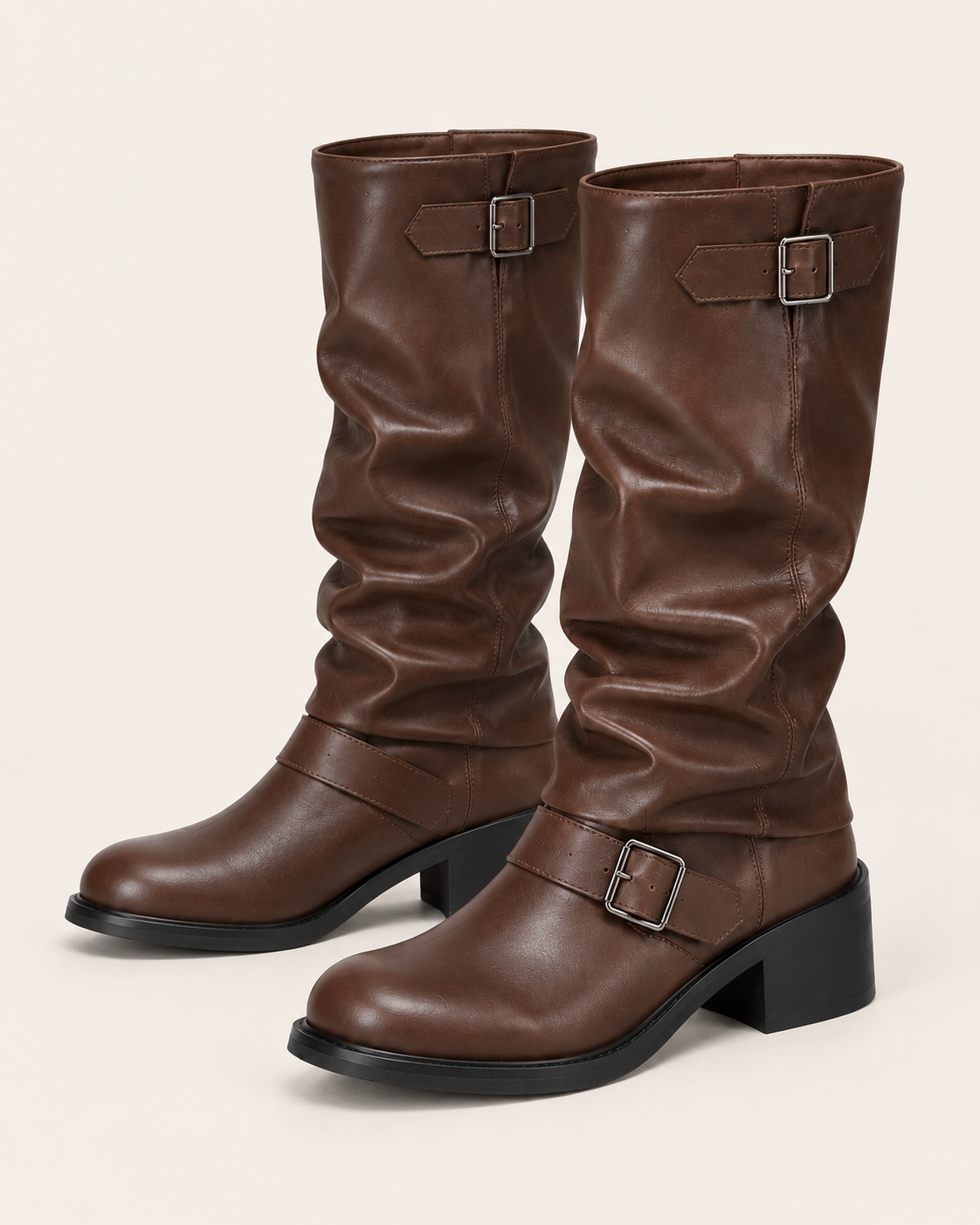 Women's Slouch Biker Boots with Buckle Straps and Block Heel in Brown, three quarter view