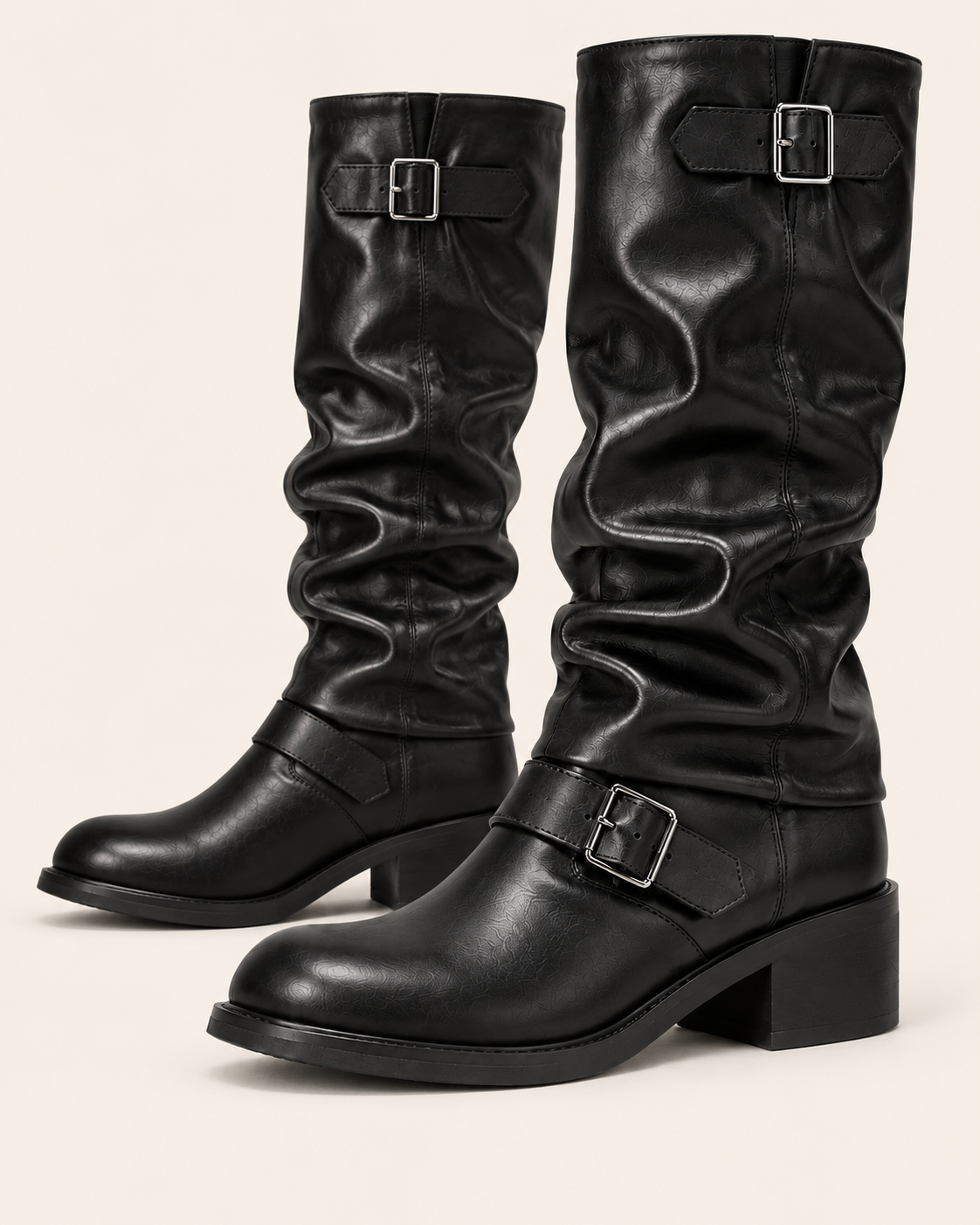 Women's Slouch Biker Boots with Buckle Straps and Block Heel in Black, three quarter view