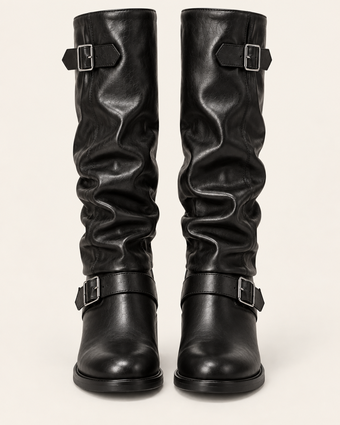 Women's Slouch Biker Boots with Buckle Straps and Block Heel in Black