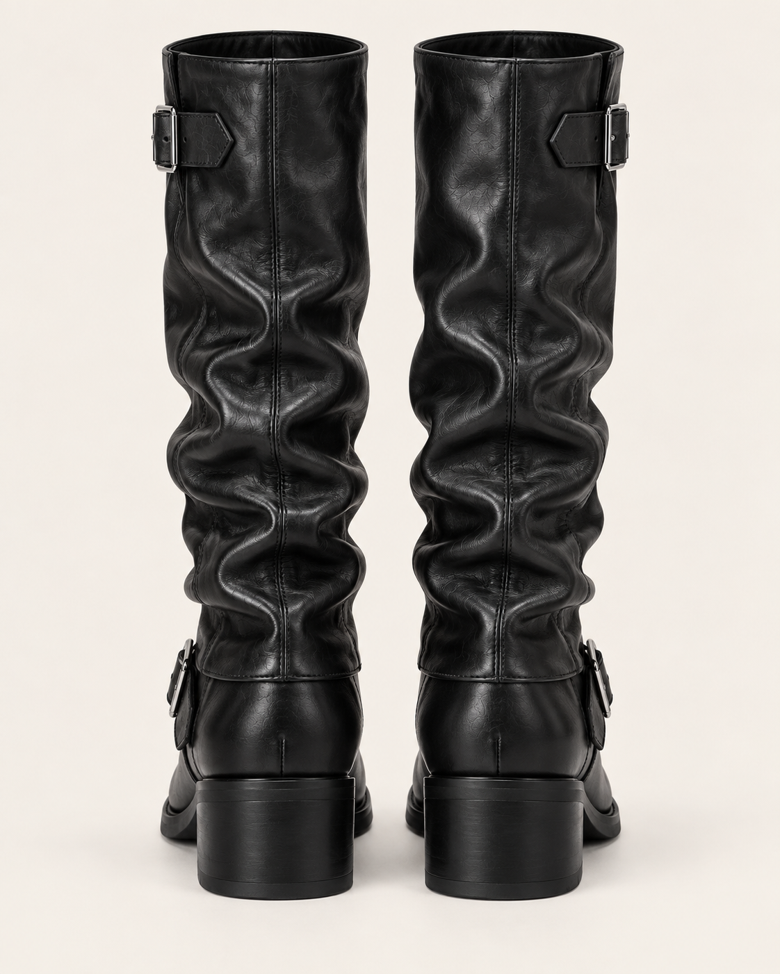 Women's Slouch Biker Boots with Buckle Straps and Block Heel in Black, back view