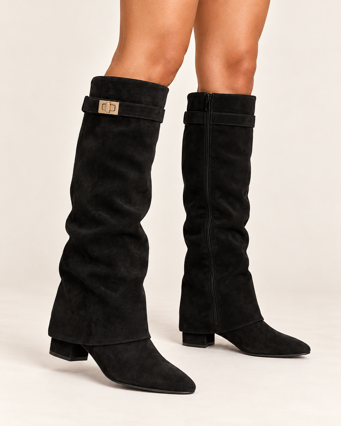 Women's Fold Over Knee High Boots with Clasp and Block Heel in Black (Suede Look), on model