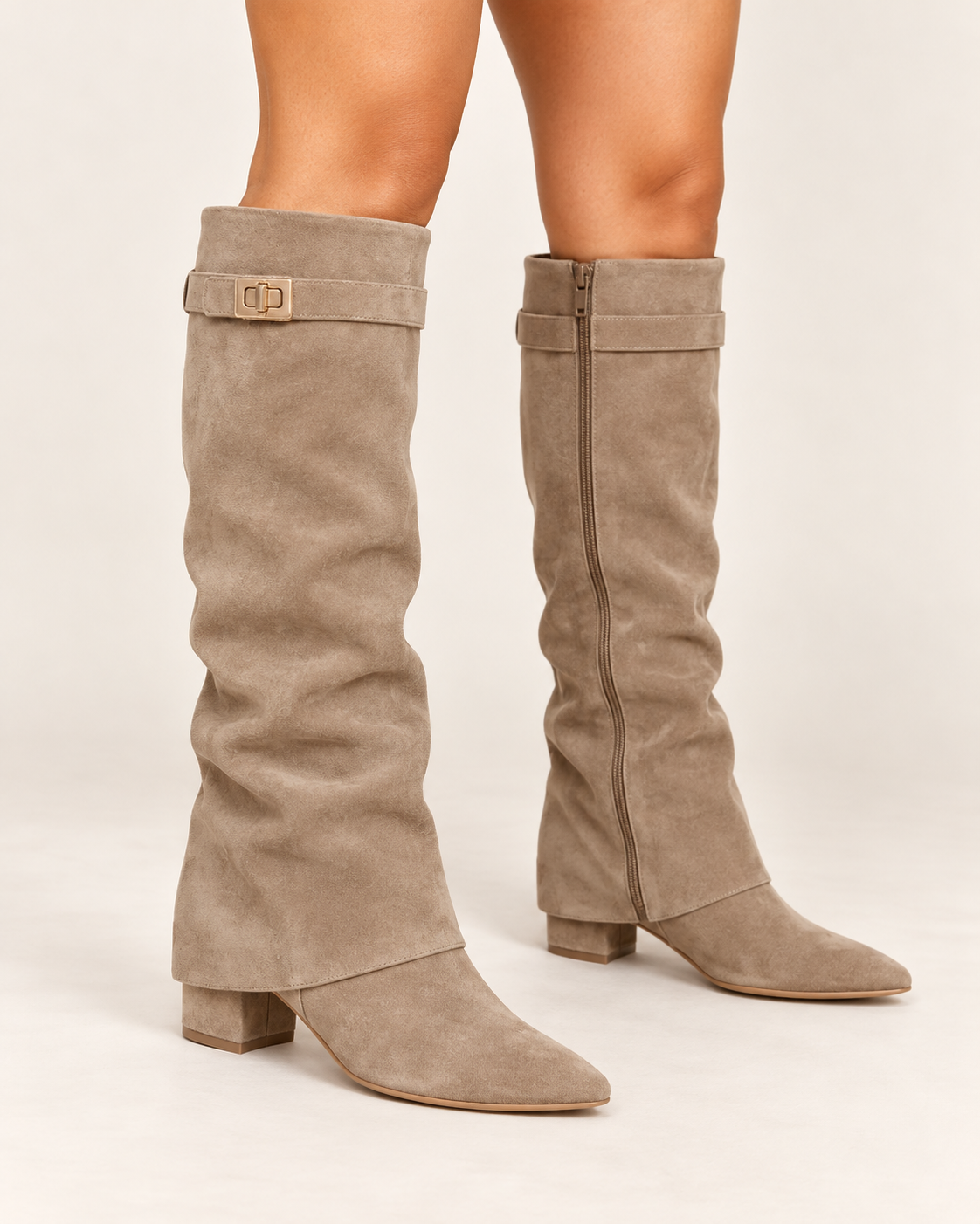 Women's Fold Over Knee High Boots with Clasp and Block Heel in Taupe (Suede Look), on model