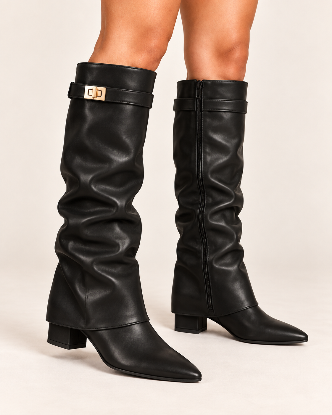 Women's Fold Over Knee High Boots with Clasp and Block Heel in Black (Leather Look), on model