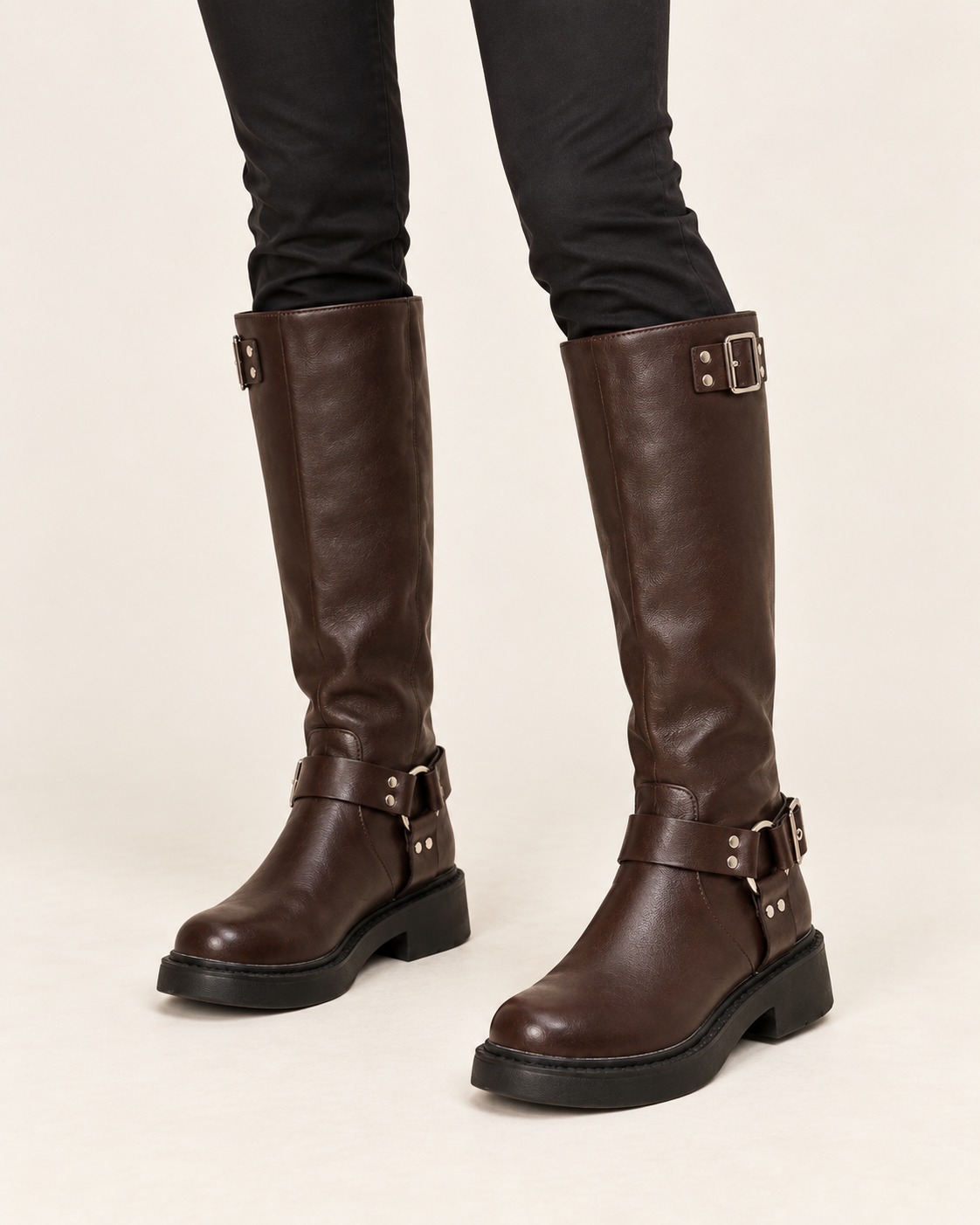 Women's Chunky Harness Biker Boots with Buckle Strap in Brown, on model