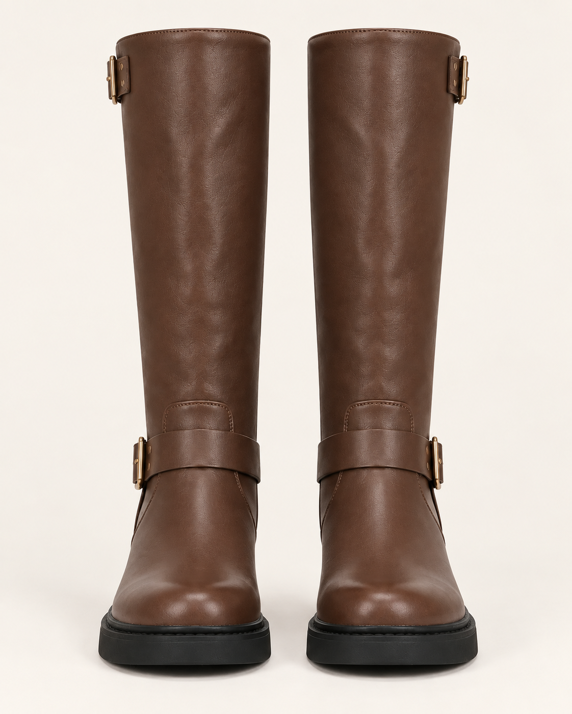 Women's Chunky Harness Biker Boots with Buckle Strap in Espresso