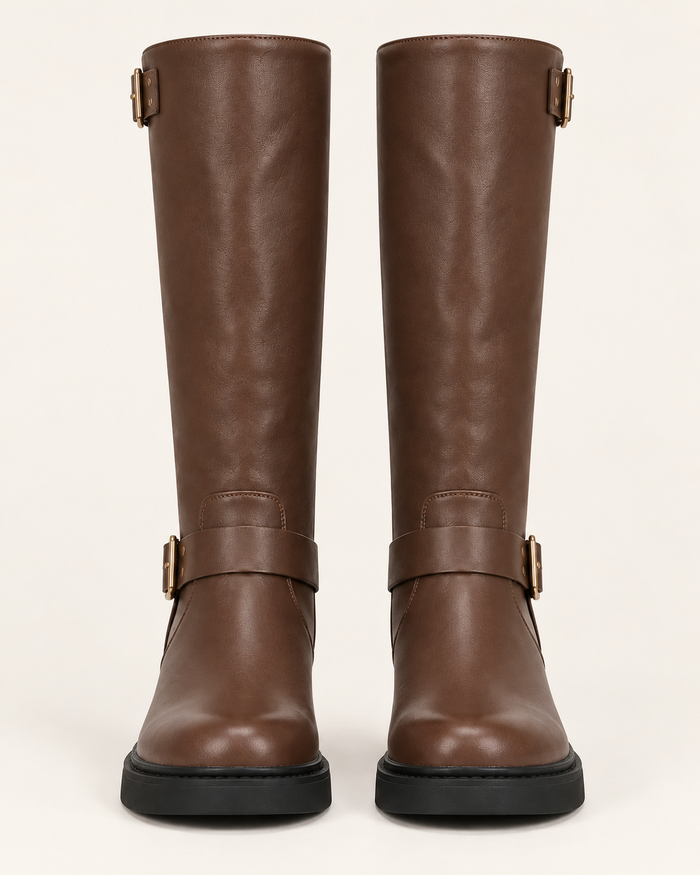 Women's Chunky Harness Biker Boots with Buckle Strap in Espresso