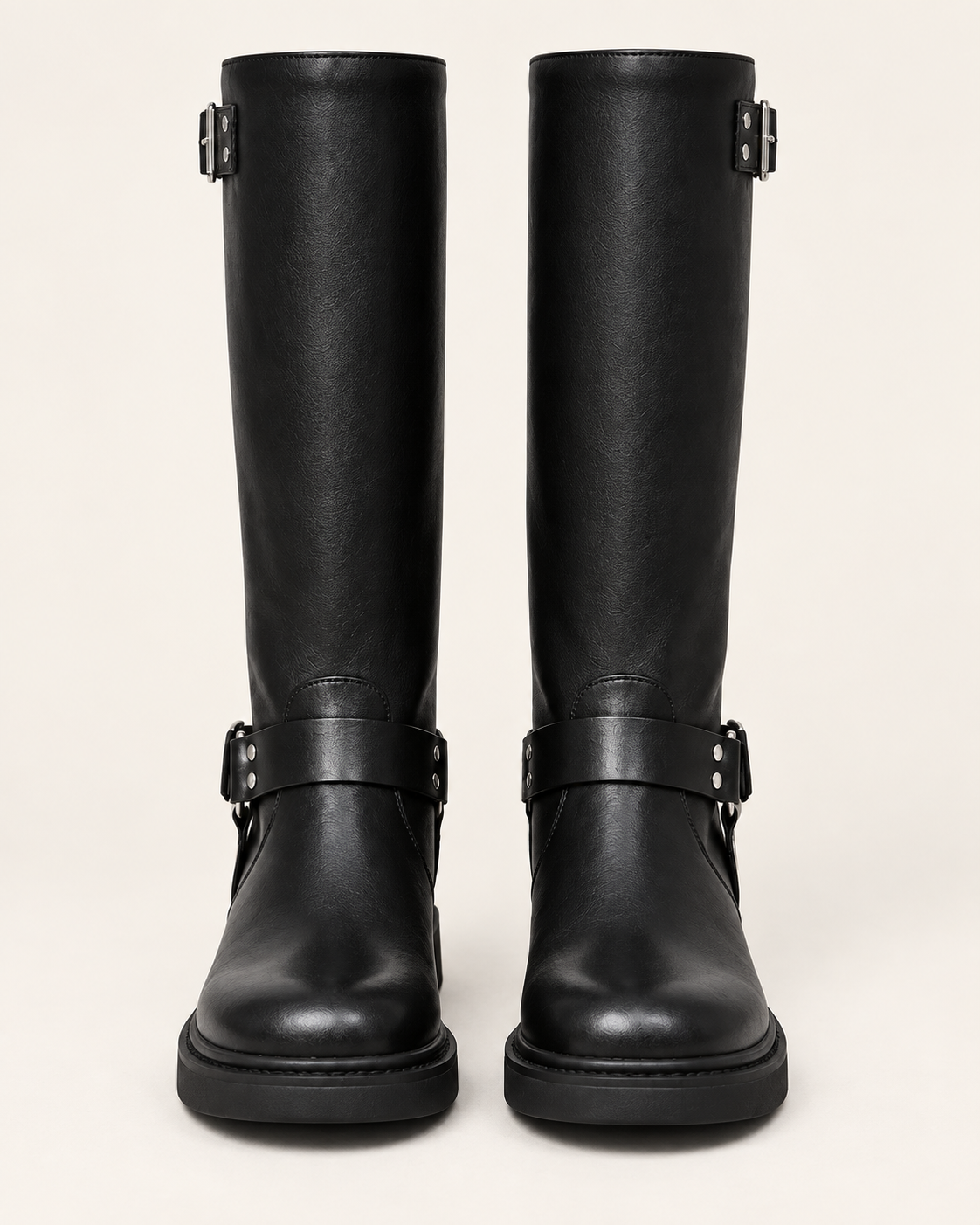 Women's Chunky Harness Biker Boots with Buckle Strap in Black