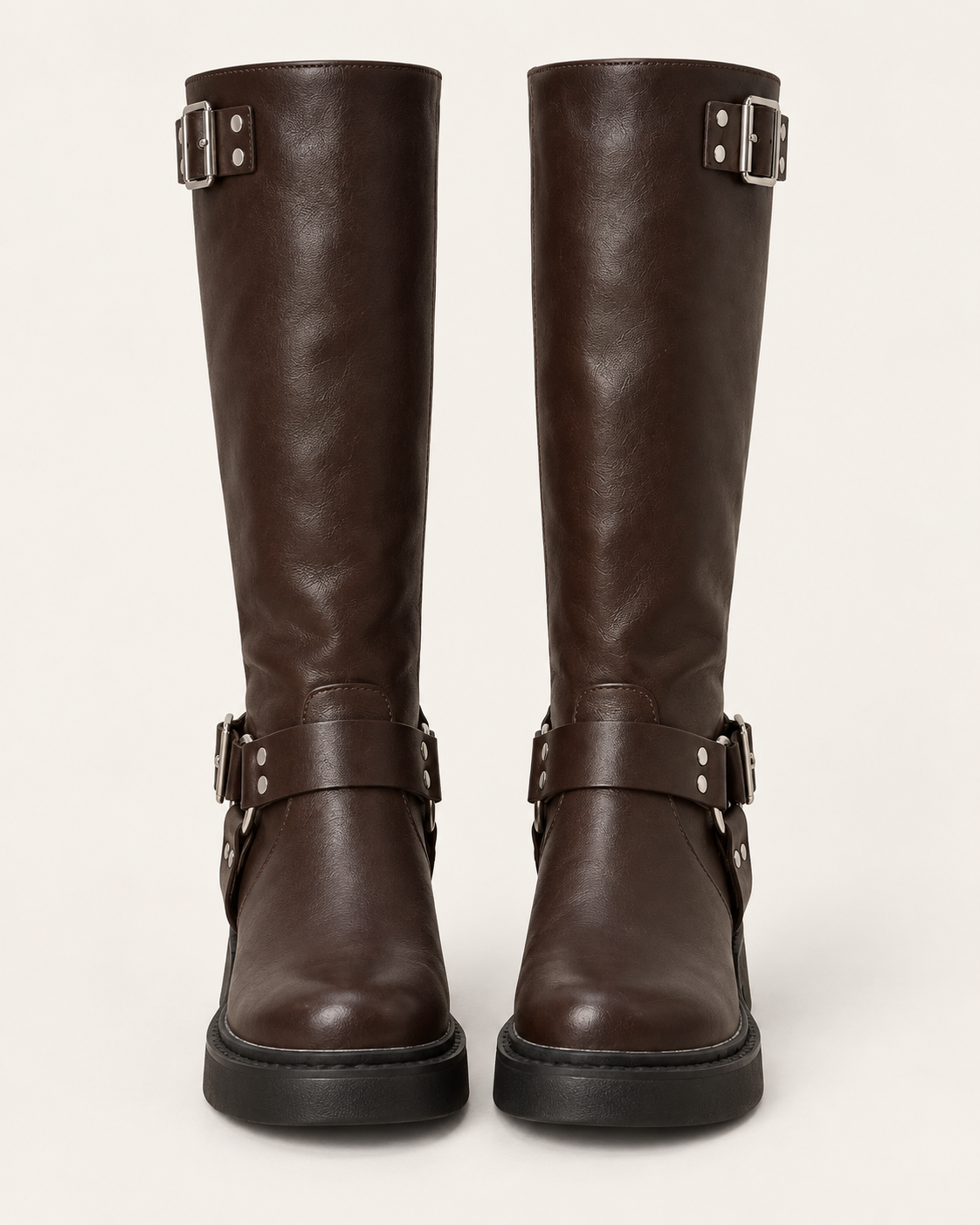 Women's Chunky Harness Biker Boots with Buckle Strap in Brown