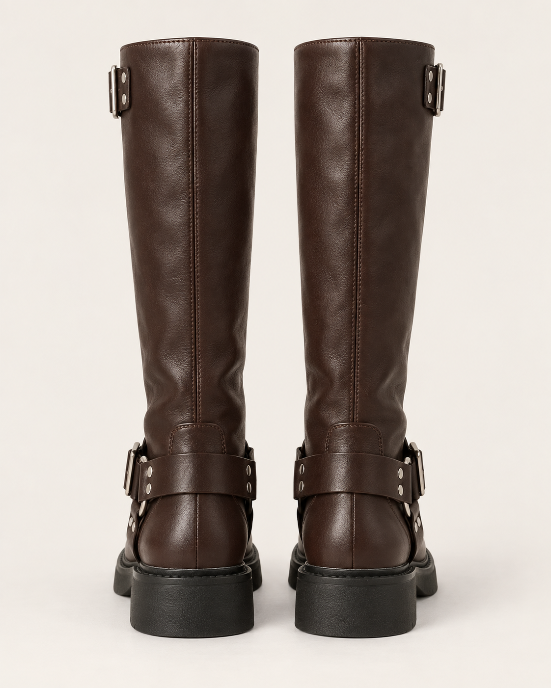Women's Chunky Harness Biker Boots with Buckle Strap in Brown, back view