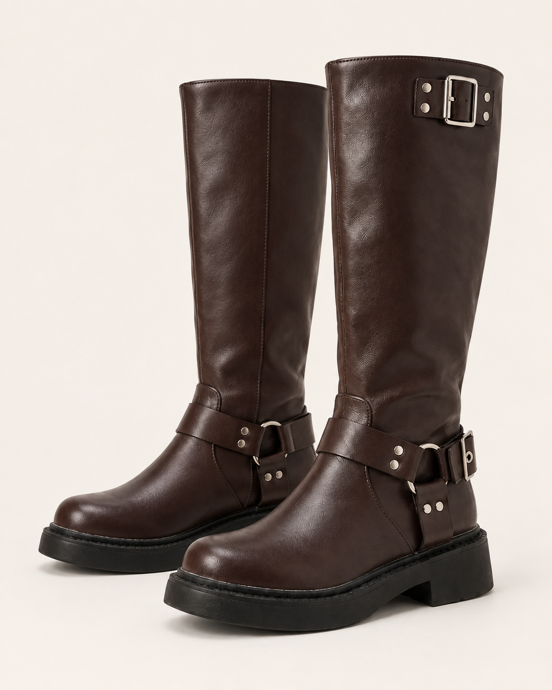 Women's Chunky Harness Biker Boots with Buckle Strap in Brown, three quarter view