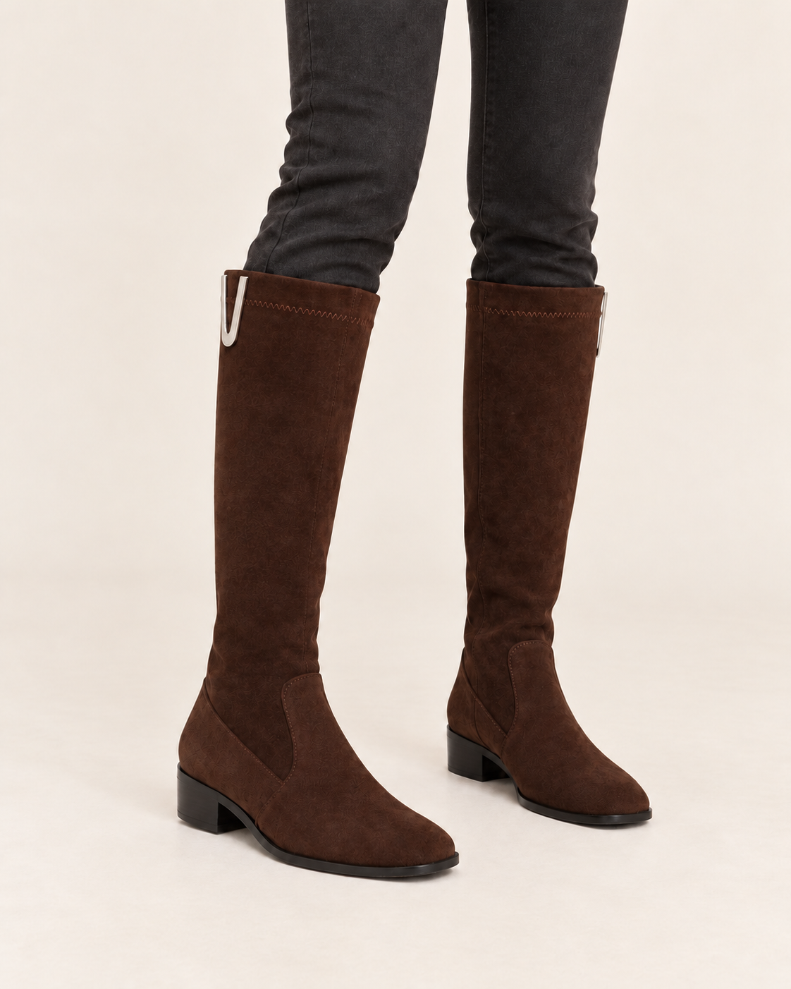Women's Knee High Suede Look Boots with Metal Trim and Back Zip in Brown, on model