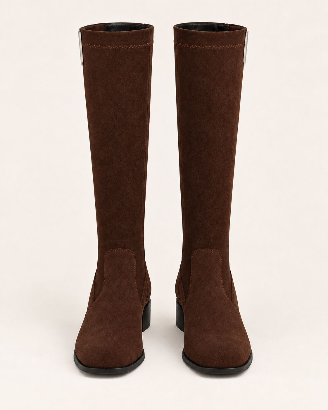 Women's Knee High Suede Look Boots with Metal Trim and Back Zip in Brown