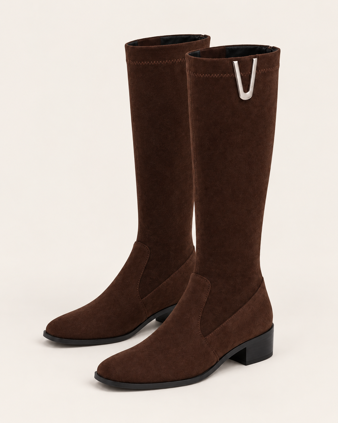 Women's Knee High Suede Look Boots with Metal Trim and Back Zip in Brown, three quarter view