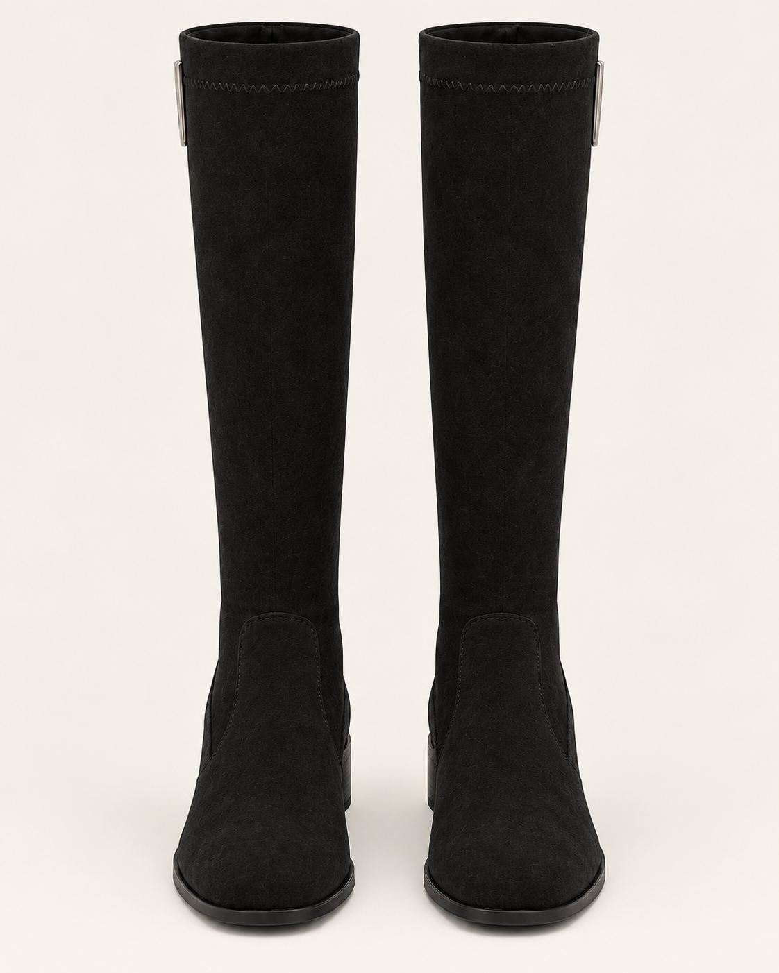 Women's Knee High Suede Look Boots with Metal Trim and Back Zip in Black