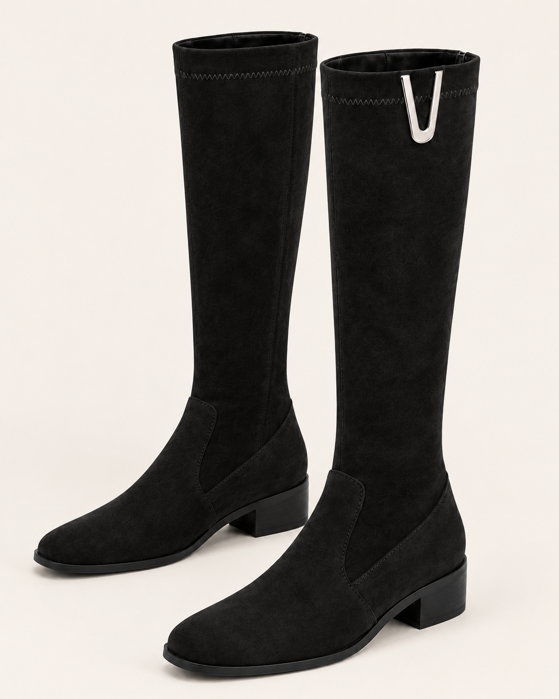 Women's Knee High Suede Look Boots with Metal Trim and Back Zip in Black, three quarter view