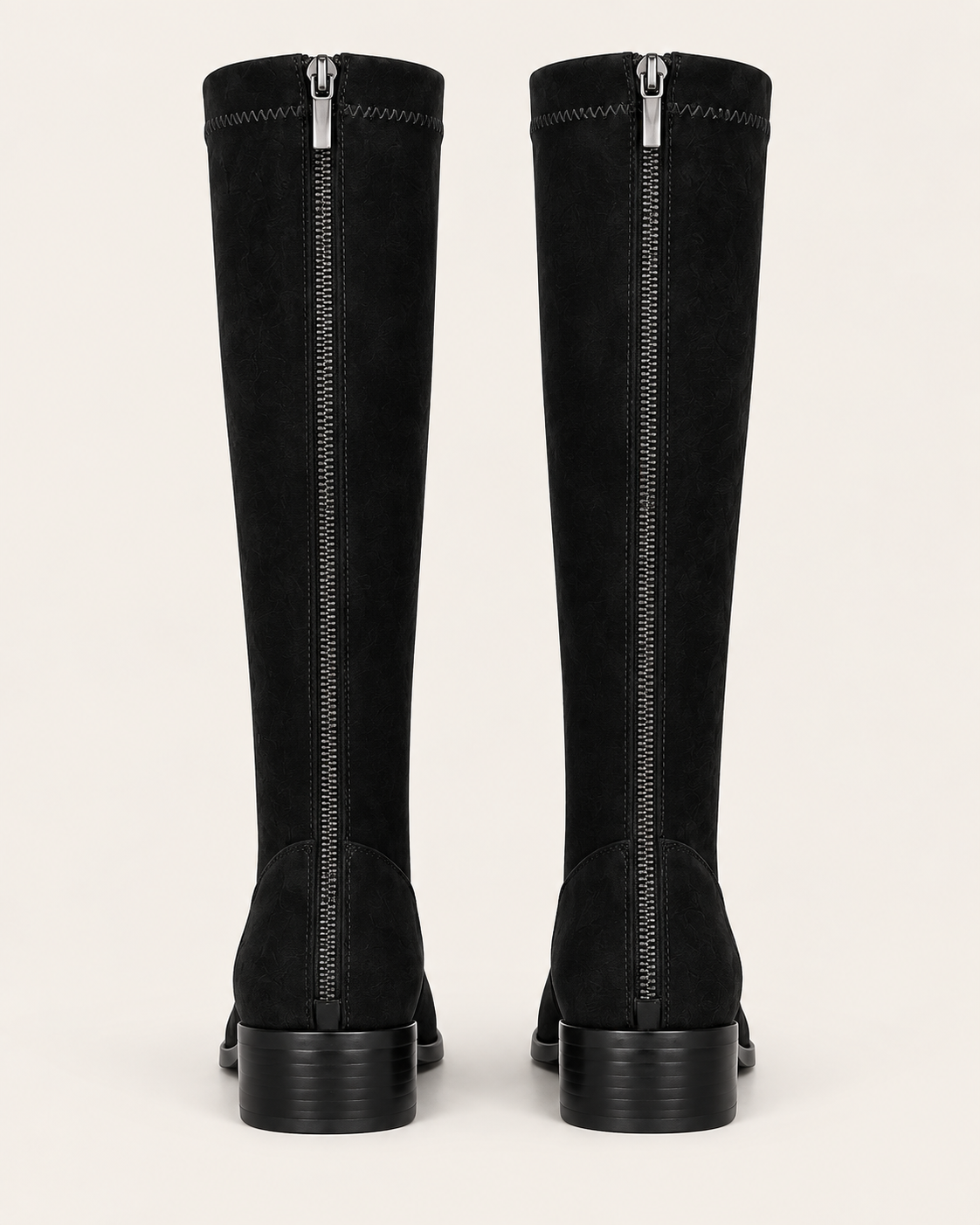 Women's Knee High Suede Look Boots with Metal Trim and Back Zip in Black, back view