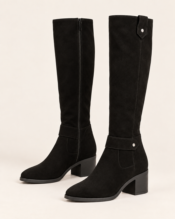 Women's Knee High Suede Look Boots with Ankle Strap and Block Heel in Black, side view
