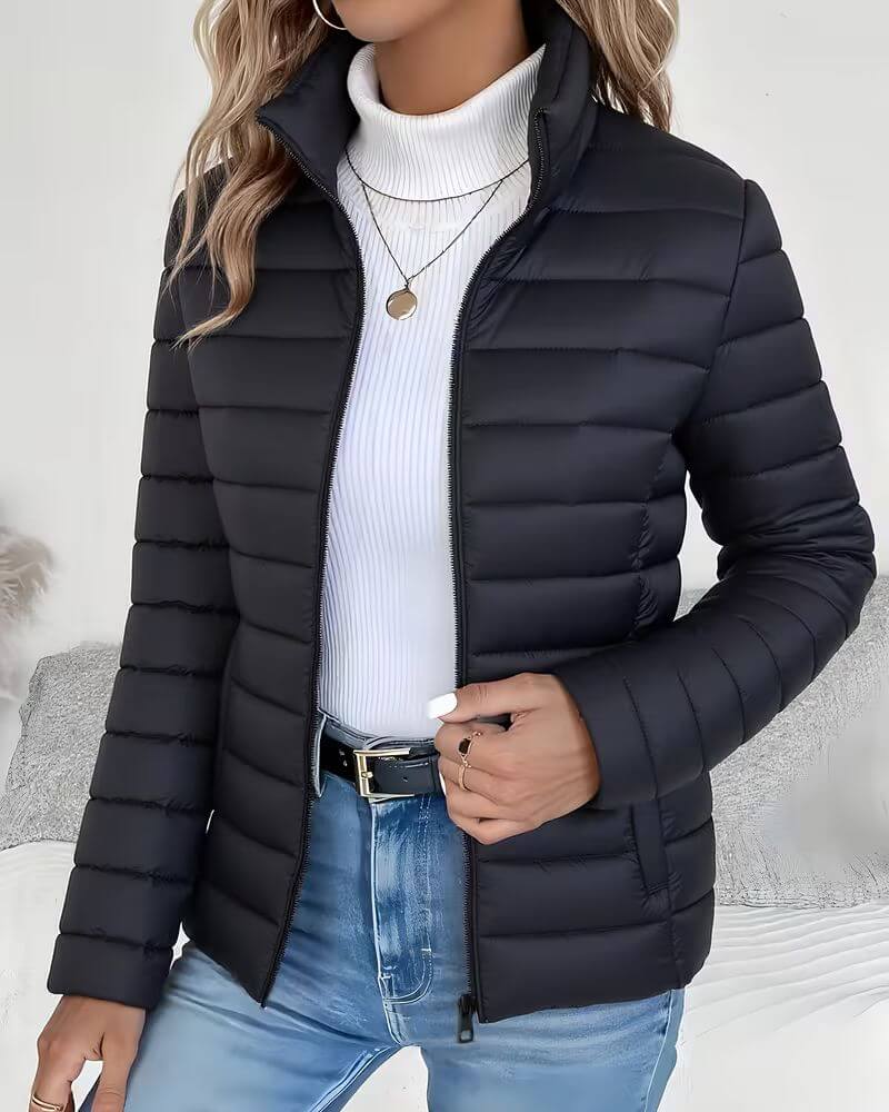 Women's Puffer Jacket — Stand Collar, Zip Front, Quilted, Casual Everyday Outerwear