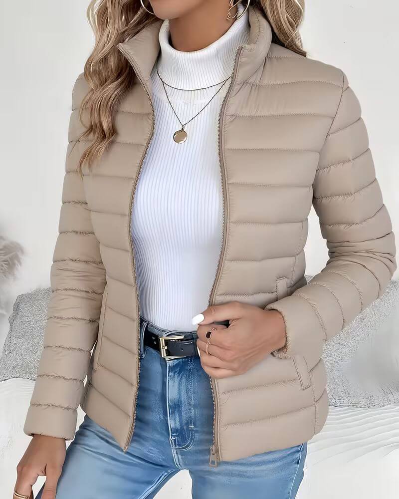 Women's Puffer Jacket — Stand Collar, Zip Front, Quilted, Casual Everyday Outerwear