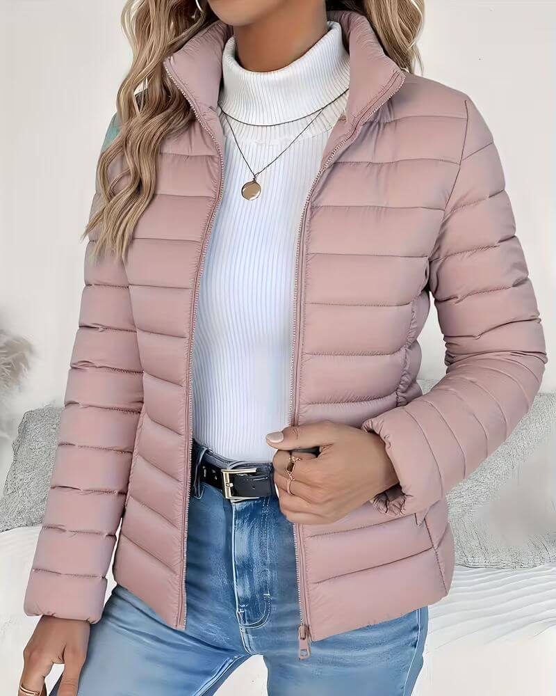 Women's Puffer Jacket — Stand Collar, Zip Front, Quilted, Casual Everyday Outerwear