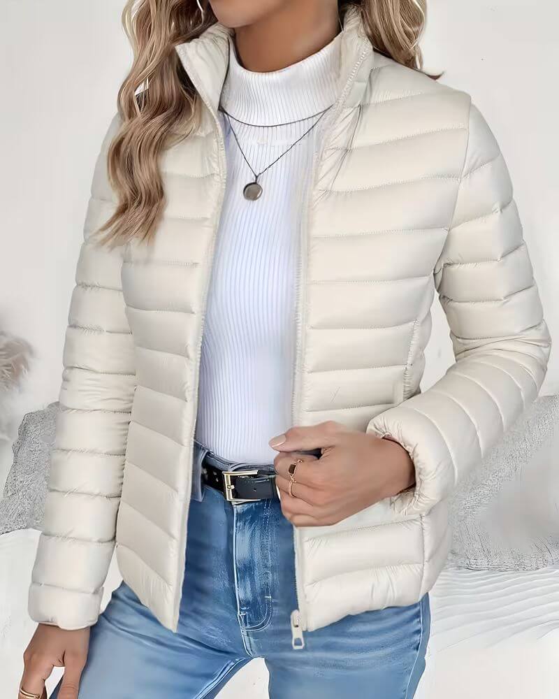 Women's Puffer Jacket — Stand Collar, Zip Front, Quilted, Casual Everyday Outerwear