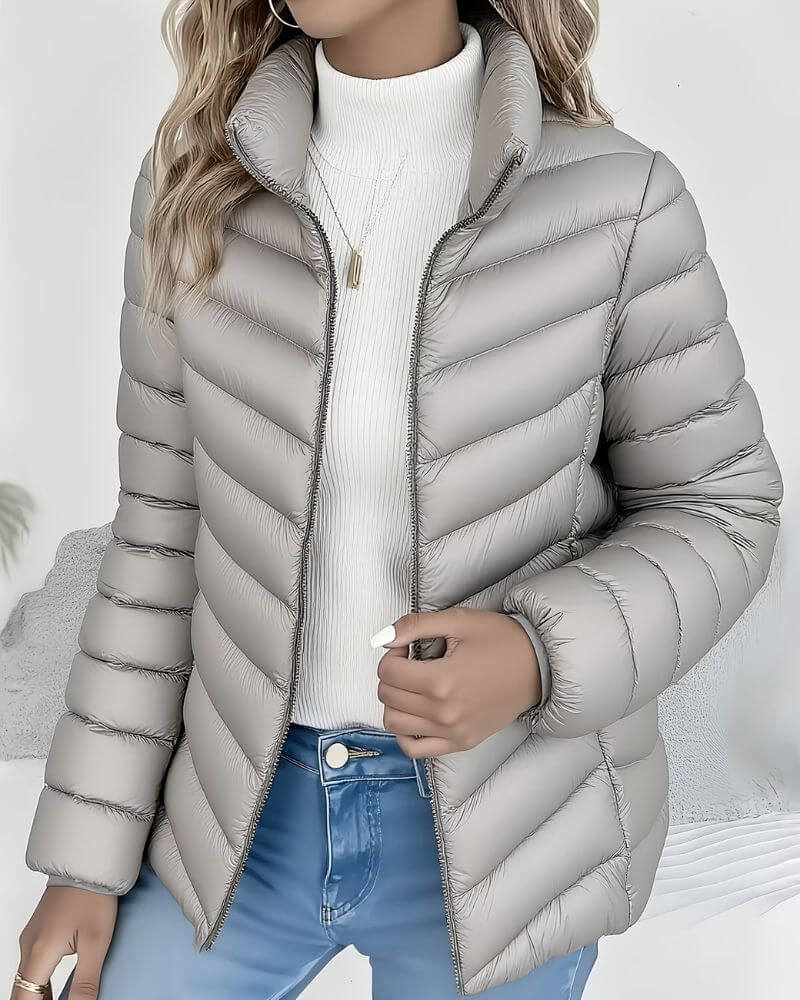 Women's Puffer Jacket — Stand Collar, Zip Front, Quilted, Casual Everyday Outerwear