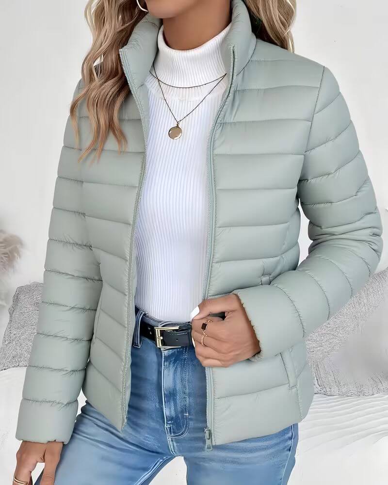 Women's Puffer Jacket — Stand Collar, Zip Front, Quilted, Casual Everyday Outerwear