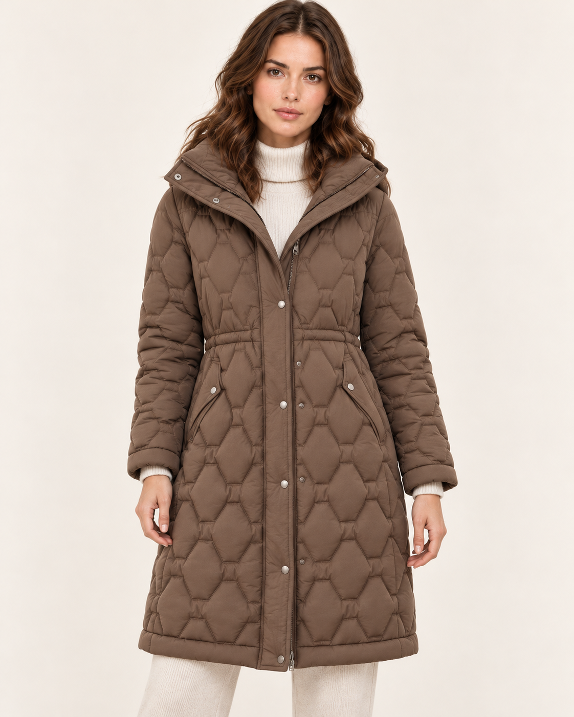 Women's Long Honeycomb Quilted Coat with Hood and Drawstring Waist in Brown