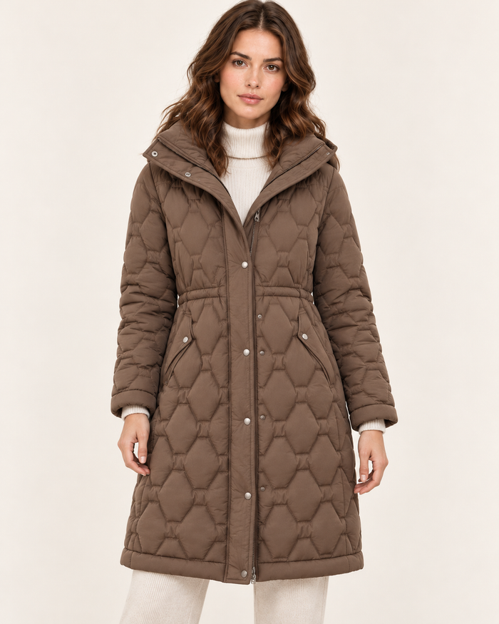 Women's Long Honeycomb Quilted Coat with Hood and Drawstring Waist in Brown