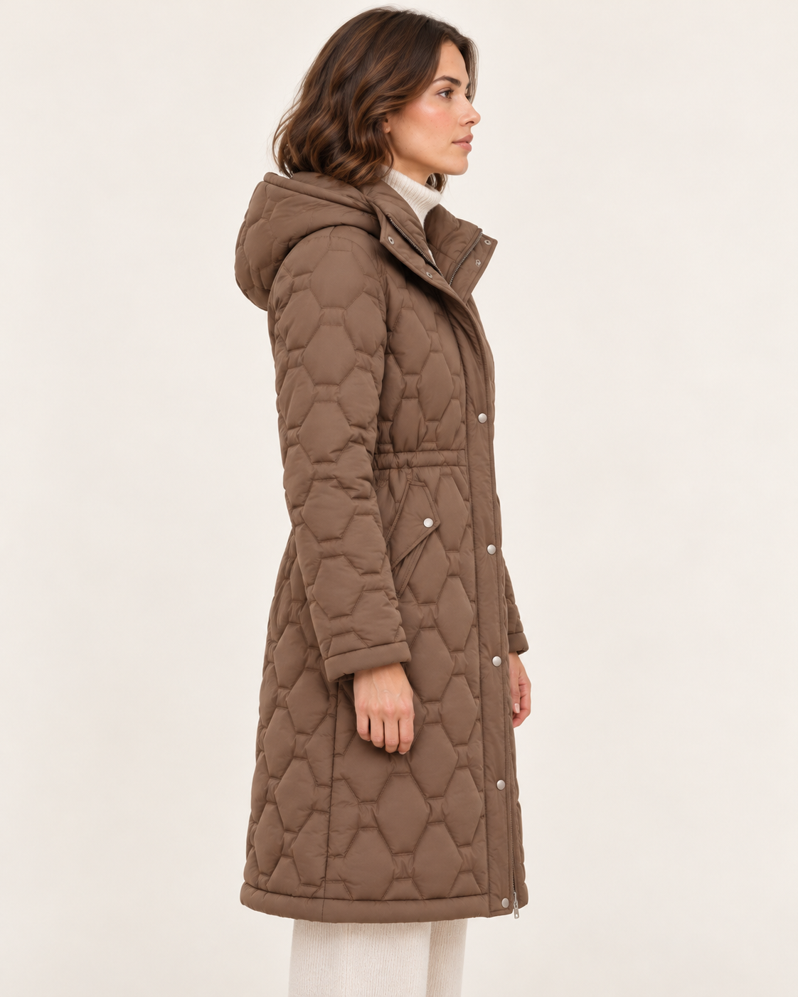 Women's Long Honeycomb Quilted Coat with Hood and Drawstring Waist in Brown, side view