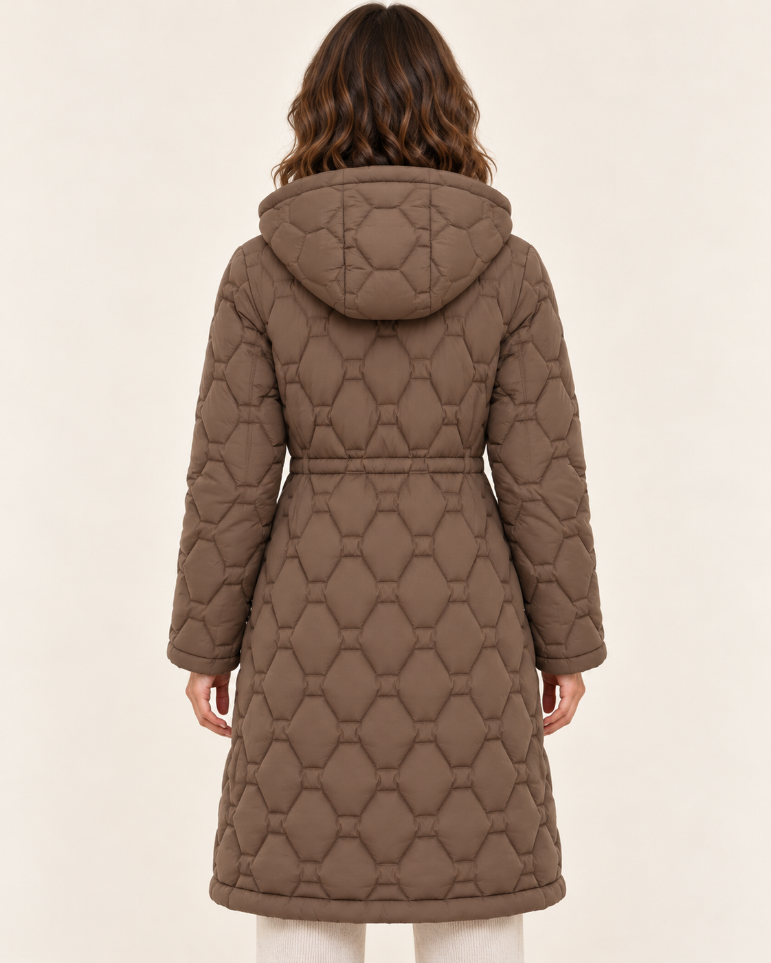 Women's Long Honeycomb Quilted Coat with Hood and Drawstring Waist in Brown, back view