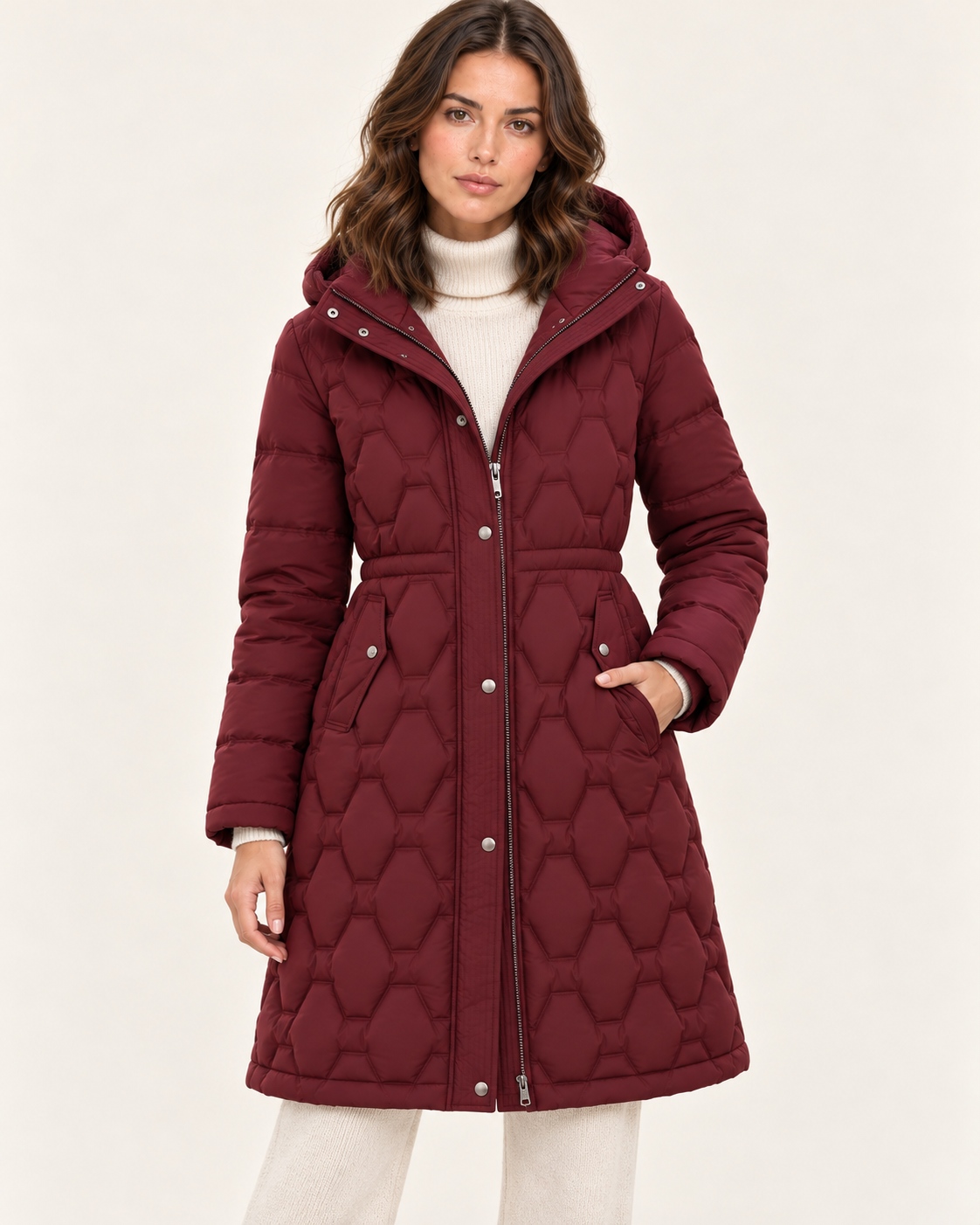 Women's Long Honeycomb Quilted Coat with Hood and Drawstring Waist in Burgundy
