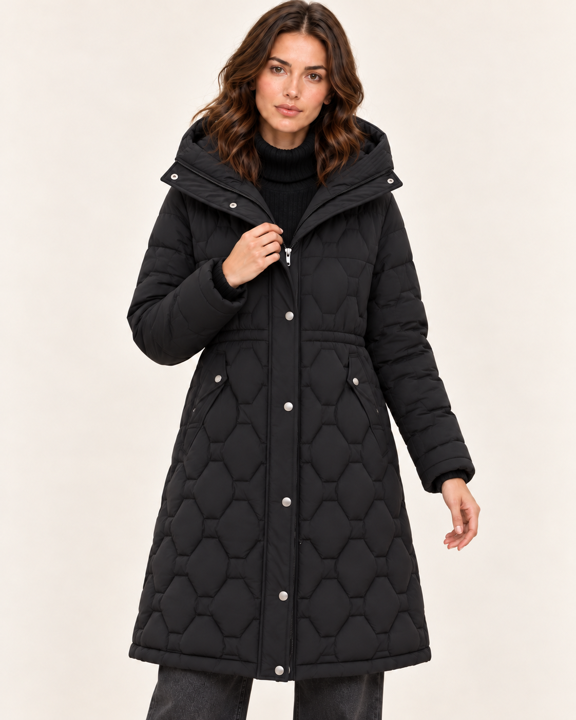 Women's Long Honeycomb Quilted Coat with Hood and Drawstring Waist in Black