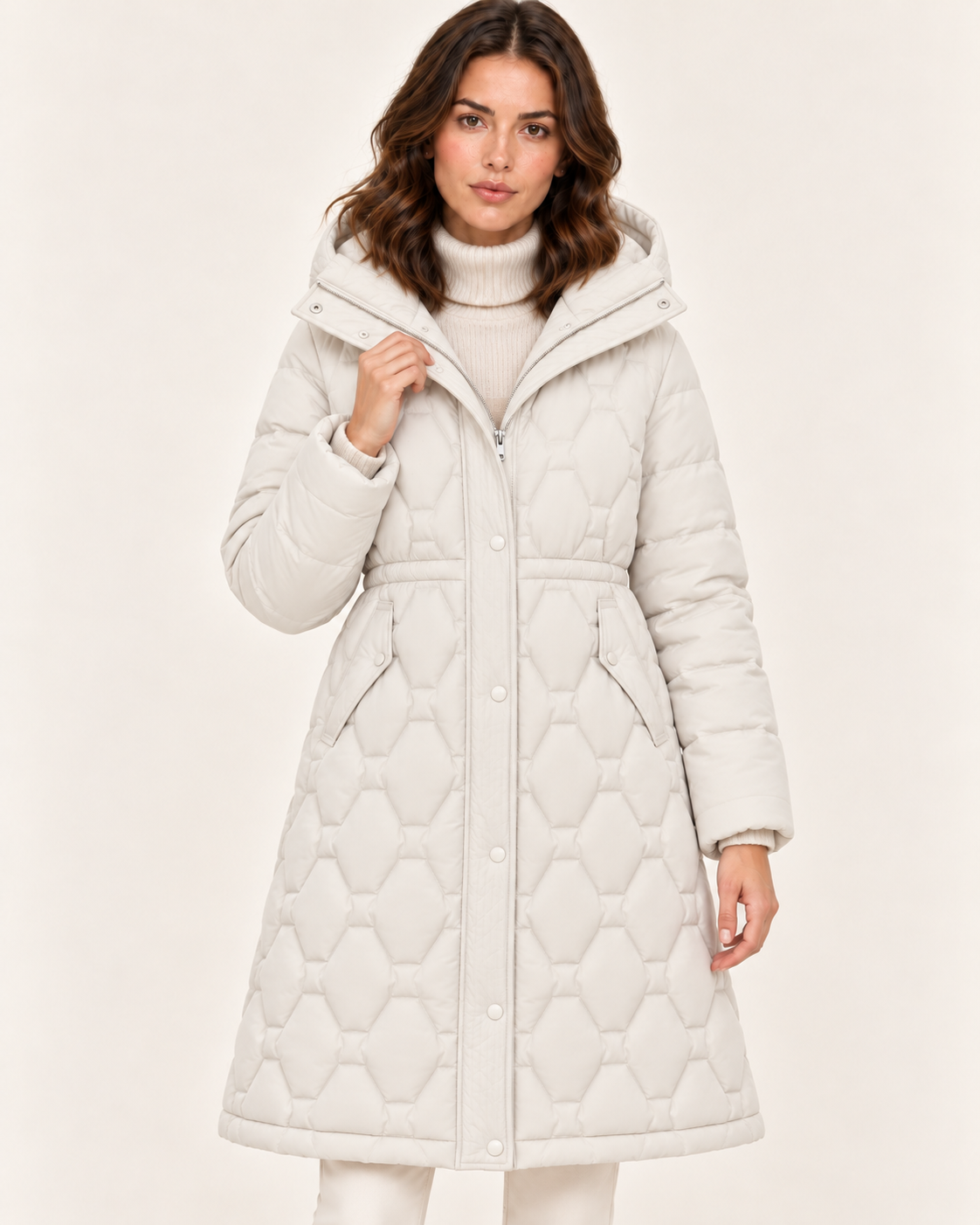 Women's Long Honeycomb Quilted Coat with Hood and Drawstring Waist in Off white