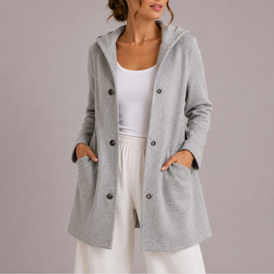 Women's Relaxed Fit Hooded Jacket Snap Button Closure Casual Everyday