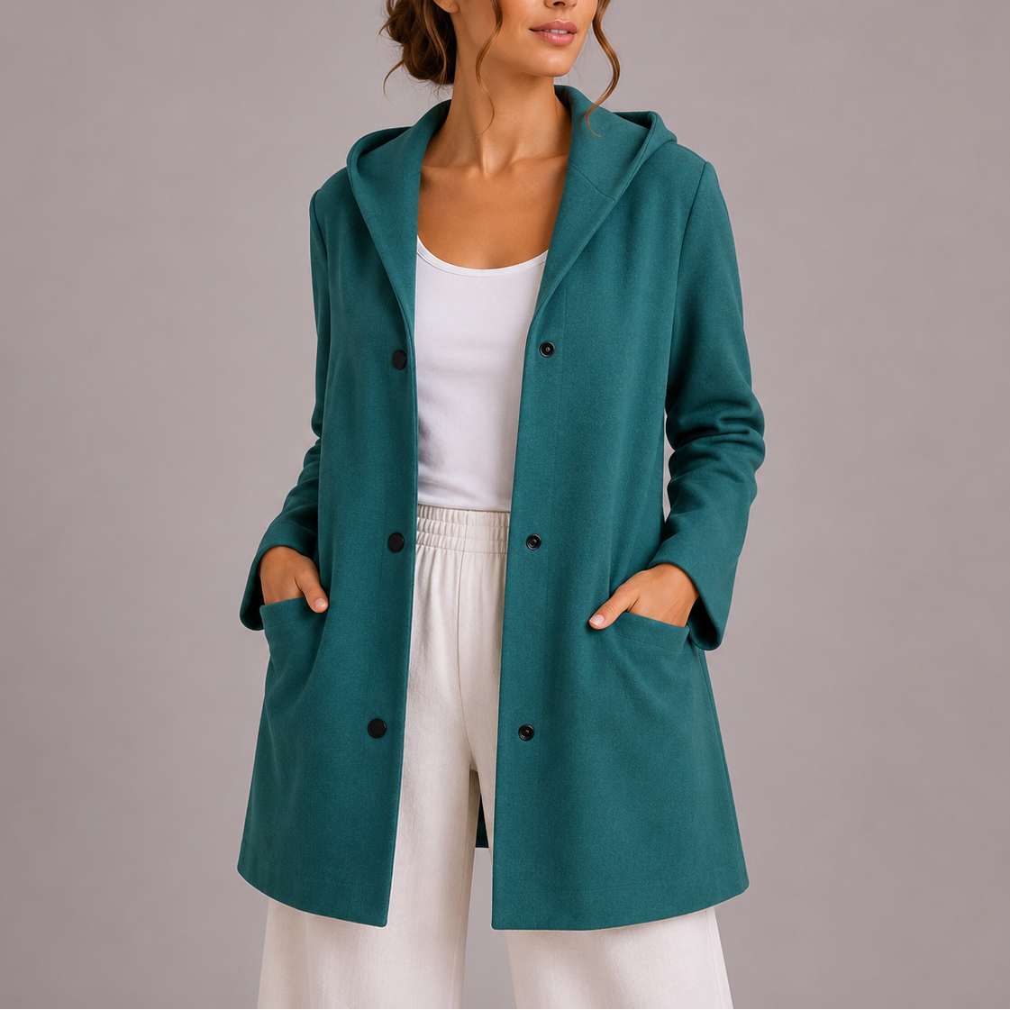 Women's Relaxed Fit Hooded Jacket Snap Button Closure Casual Everyday