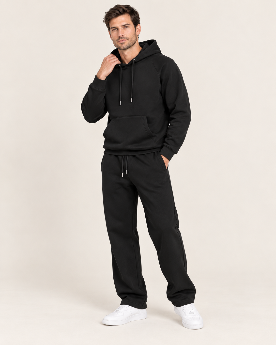 Men's Tracksuit Set Hoodie and Sweatpants in Black, full length view
