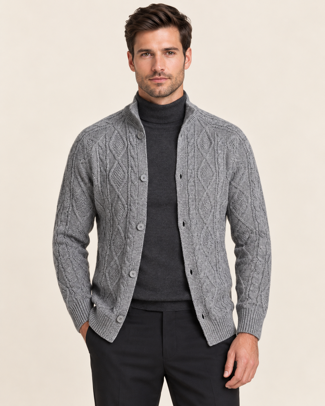 Men's Aran Style Cable Knit Cardigan with Stand Collar