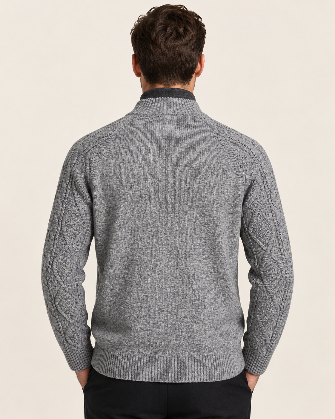 Men's Aran Style Cable Knit Cardigan with Stand Collar