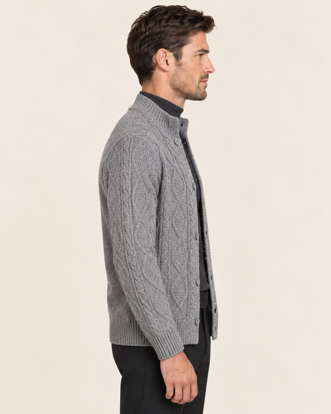 Men's Aran Style Cable Knit Cardigan with Stand Collar