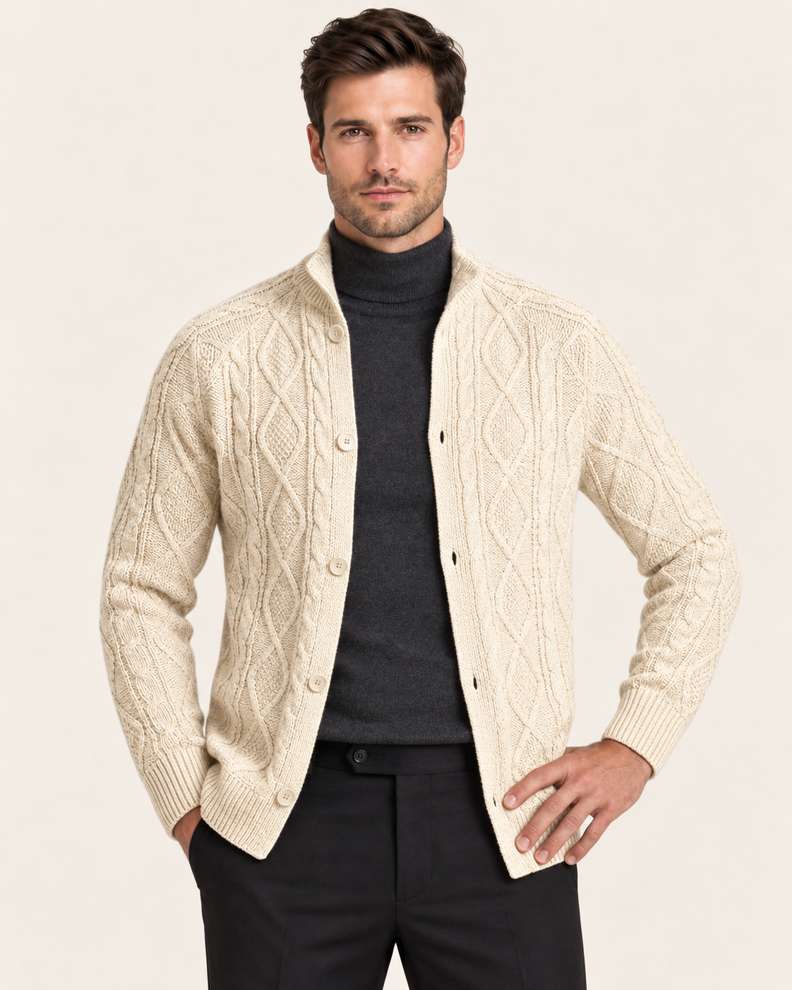 Men's Aran Style Cable Knit Cardigan with Stand Collar