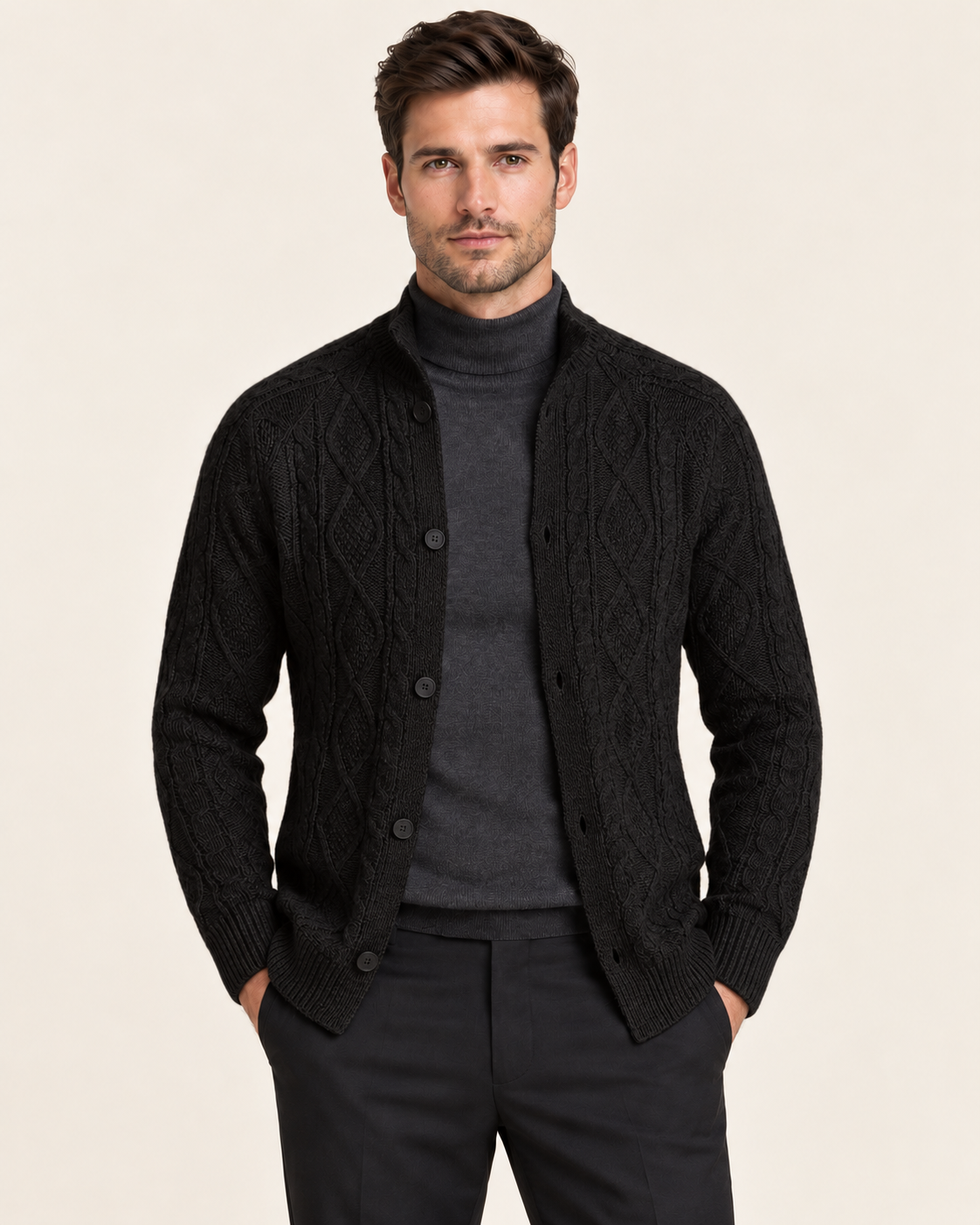 Men's Aran Style Cable Knit Cardigan with Stand Collar