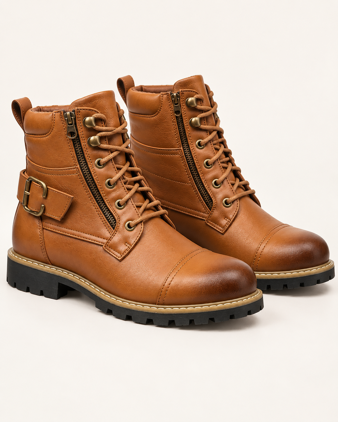 Men's Biker Combat Boots with Buckle Strap and Side Zip in Brown