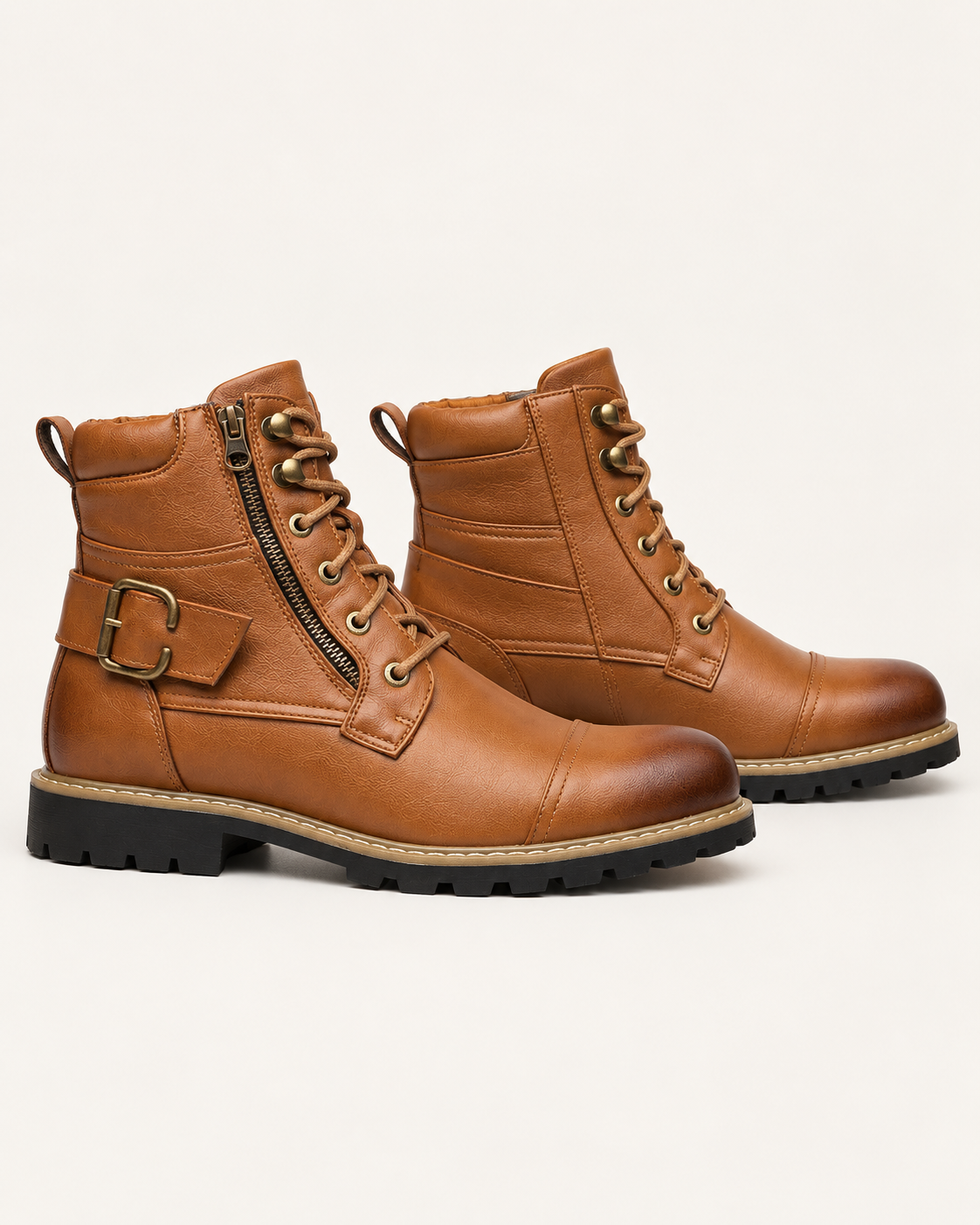 Men's Biker Combat Boots with Buckle Strap and Side Zip